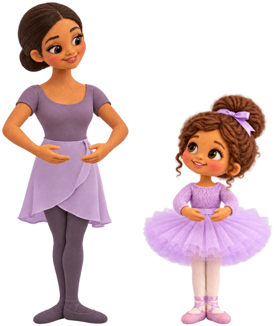 A professora de ballet e a pequena bailarina de tutu lilás, lado a lado, começando a aula